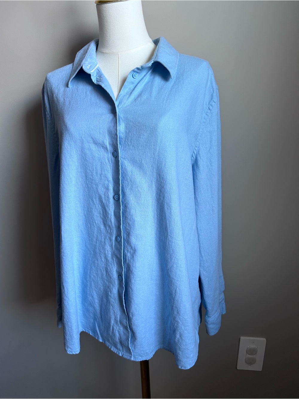 Linen blend Light Blue Button-down long sleeve Shirt minimalist neutral summer - Picture 8 of 10